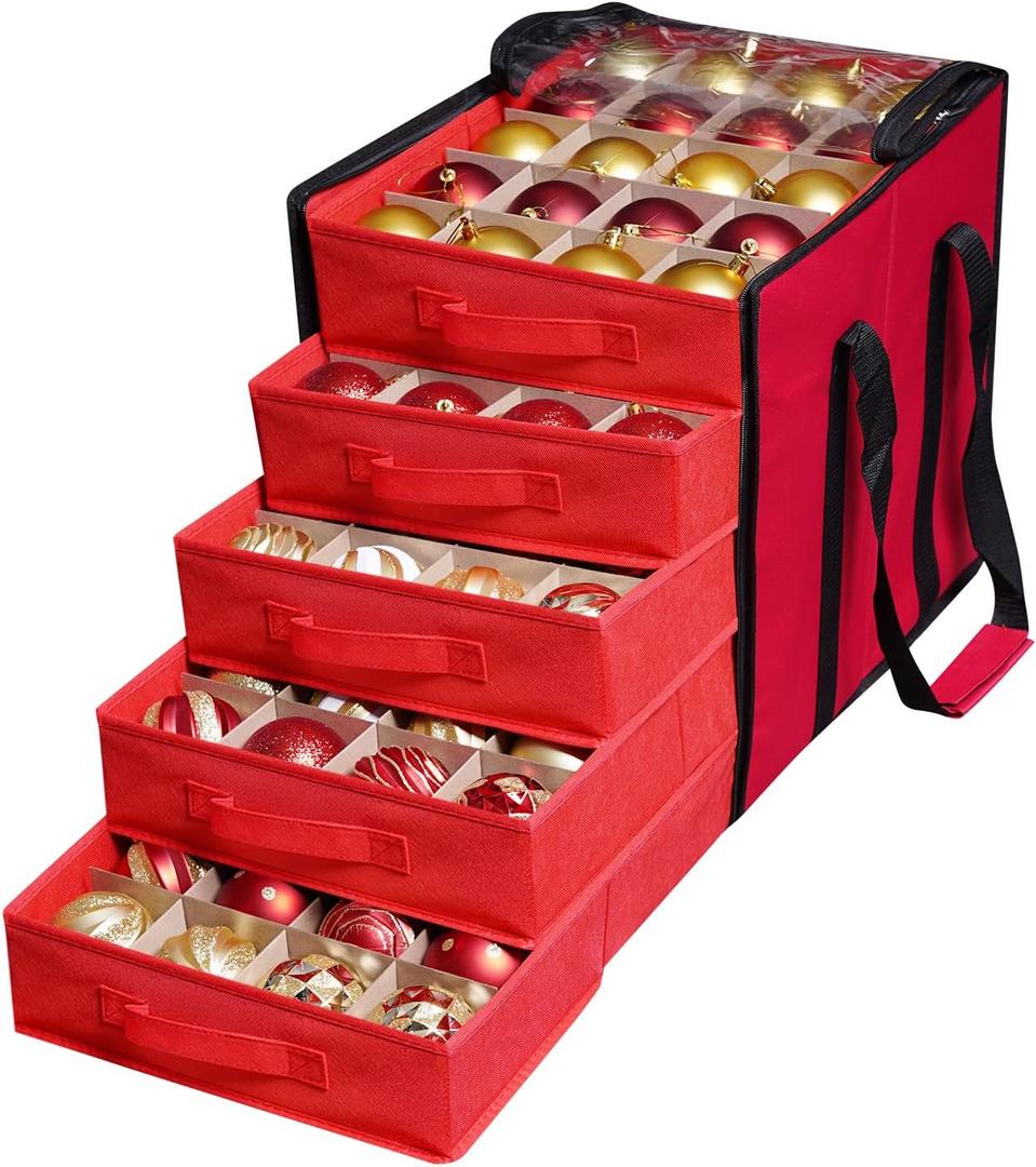 Lambada Christmas Ornament Storage Box, Visible Christmas Storage Container with Dual Zipper, 600D Oxford Fabric Xmas Decorations Organizer - Stores up to 100-3" Ornaments (Cherry Red)