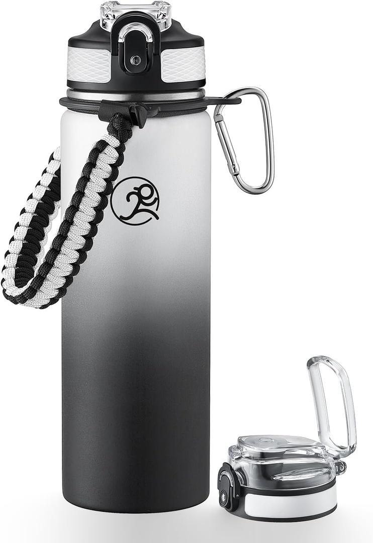 GOSWAG Insulated Sports Water Bottle, 24oz 2 Lids(with Straw/No Straw), Stainless Steel Water Bottles with Paracord Handle, Insulated Thermos with Double-Wall Vacuum Insulation (Gray-Black Ombr)