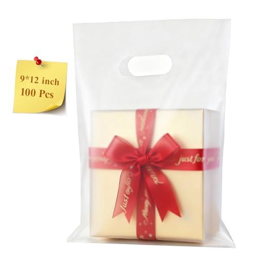 COSGOOLK 100 Pcs Plastic Bags With Handles 9"x12", Clear Gift Bags Shopping Merchandise bags for Small Business Retail Stores Gifts