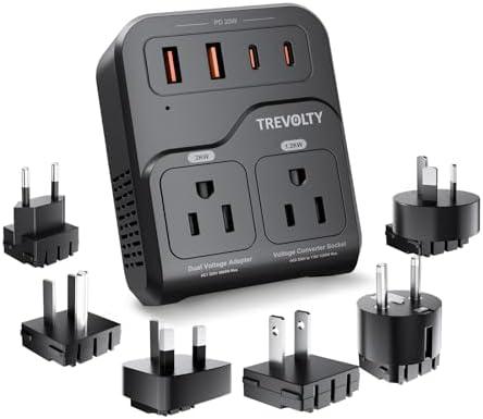 TREVOLTY 2000W Voltage Converter US to Europe, 220V to 110V Converter for Hair Dryer, 7-in-1 European Travel Plug Adapter with 3AC/2USB-A/2USB-C (Black)