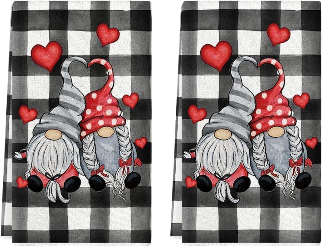 Artoid Mode Buffalo Plaid Gnomes Love Valentine's Kitchen Towels Dish Towels, 18x26 Inch Anniversary Wedding Decoration Hand Towels Set of 2