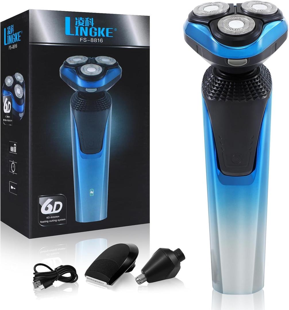 Electric Razor for Men, Rechargeable Waterproof Men Electric Shaver, Wet & Dry Shaving with Cordless Beard, Nose Hair Trimmer, 1 Hour Fast Charging (Blue)