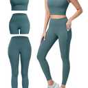 SALSPOR 3 Piece Workout Sets for Women High Waisted Leggings with Pockets Tummy Control Biker Shorts Yoga Sports Bra(3YFTZ-Bean Green-M)