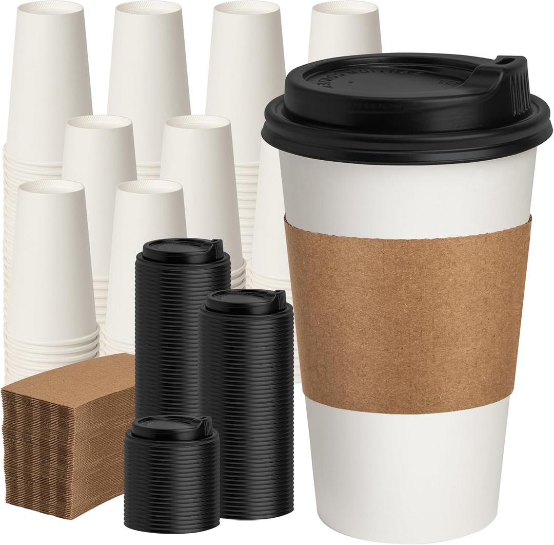 RACETOP Disposabe Coffee Cups with Lids and Sleeves 16 oz 50 Pack, Hot Paper Coffee Cups with Lids, To Go Cup with Lid, Ideal for To Go Coffee, Travel, Office, Home (White)