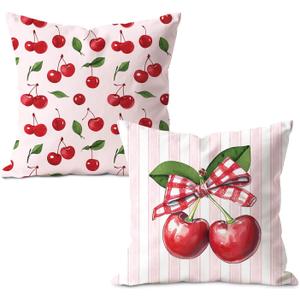 Preppy Pink Cherry Pillow Cover 18x18, Cherry Room Decor, Coquette Plaid Bow Cute Cherries Fruit Decorative Pillow Covers for Girls Bedroom Dorm Apartment Home, Set of 2