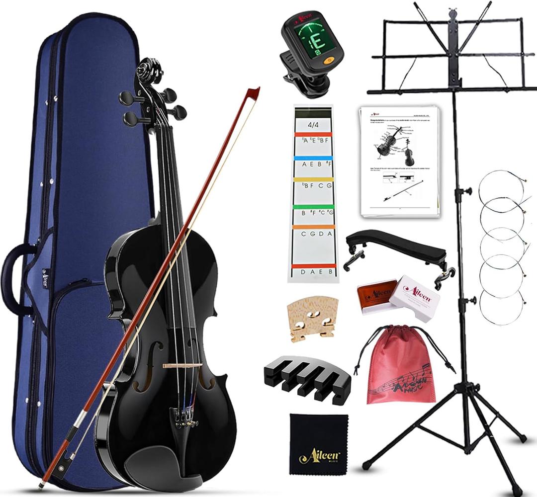 Aileen Violin 4/4 Full Size for Adults Beginners, Black Fiddle Starter Kit for Students Age 12+, including Music Stand, Unique New Fingerboard Sticker, Mute