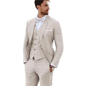Linen Suit 3 Pieces Vintage Retro Wedding Prom Suits Slim Fit Jacket Blazer Groom Tuxedos (Large, Beige)