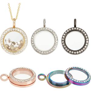 PH PandaHall 5 Colors Rhinestone Photo Charms, 5pcs 1" Photo Frame Charms Round Crystal Photo Pendant Memory Locket Charm for Wedding Bridal Bouquet Keychain Jewelry Making