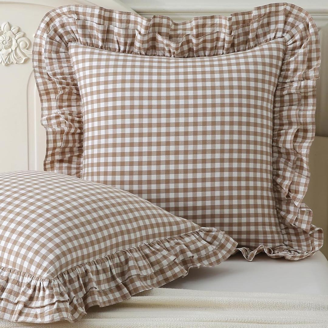 Aryeleay 2 Pack Taupe White Plaid Ruffle Throw Pillow Covers, 100% Cotton Gingham Checkered Farmhouse Decorative Pillow Shams for Bed/Sofa-20 x20