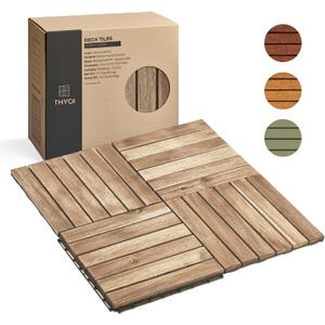 THYOI Premium Deck Tiles, Patio Flooring - Outdoor Waterproof Acacia Wood Tiles for All Weather Use - Balcony, Backyard, Indoor & Outdoor (Square Ft) (10, White, 6S)