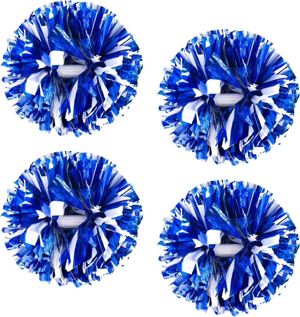 4Pcs Metallic Cheerleading Pom Poms, Creatiee 2 Pair Cheerleader Cheering Squad Pompoms for School Sports Dance Games Team Spirit Cheer (Blue White)