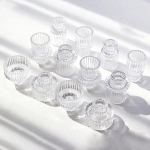 Clear Candlestick Holders 12PCS Ribbed Glass Taper Candle Holders for Tealight Stick Candles Table Centerpieces Thanksgiving Christmas Indoor and Outdoor Decorations