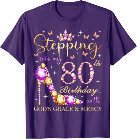 Stepping Into My 80th Birthday with God's Grace & Mercy Cute T-Shirt (Purple, M)