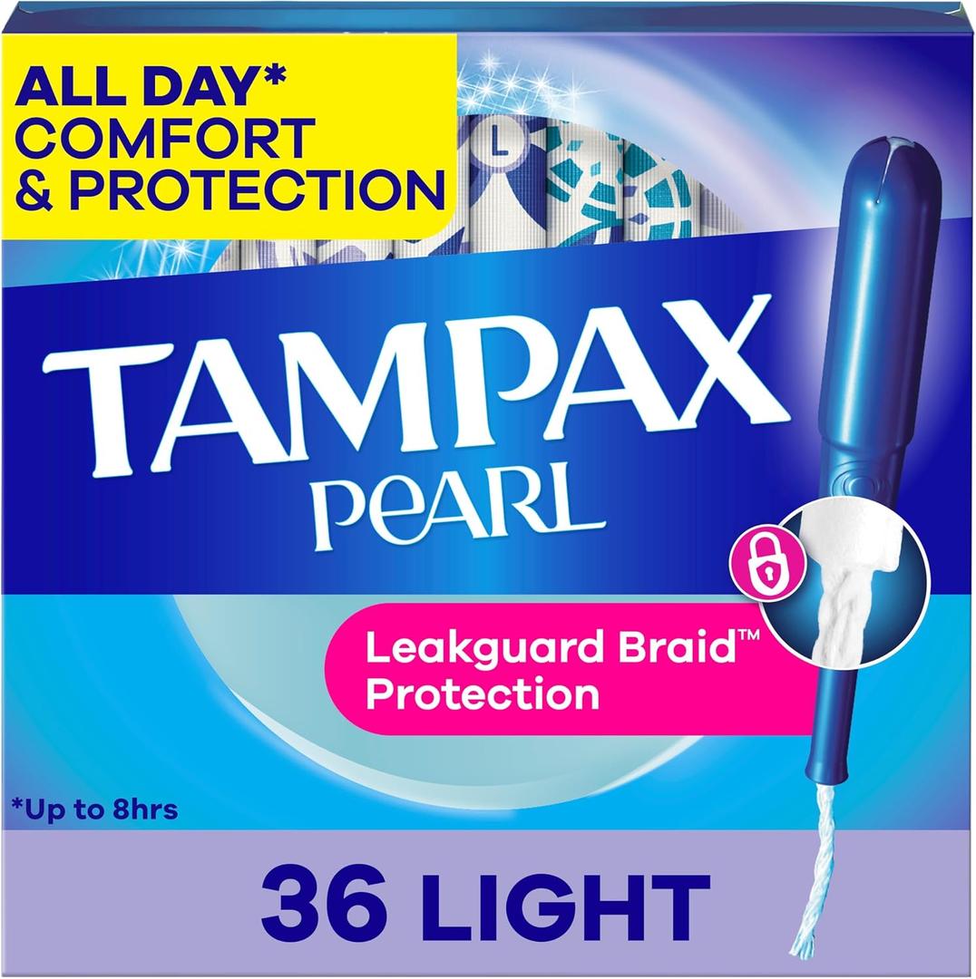 Tampax Pearl Tampons for Women, with LeakGuard Braid, Light Absorbency, Unscented, 36 Count