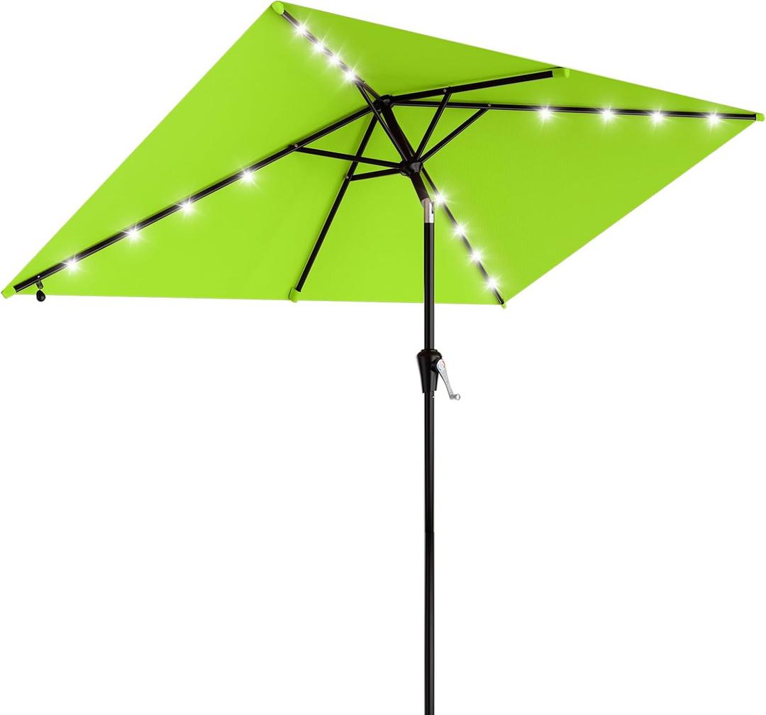 AreShark 6.5' x 10' Rectangular Patio Umbrella with Solar Lights, Solar Powered Lighted Market Umbrella w/Tilt and Crank, Outdoor Table Umbrella for Garden, Deck, Backyard, Pool, Apple Green