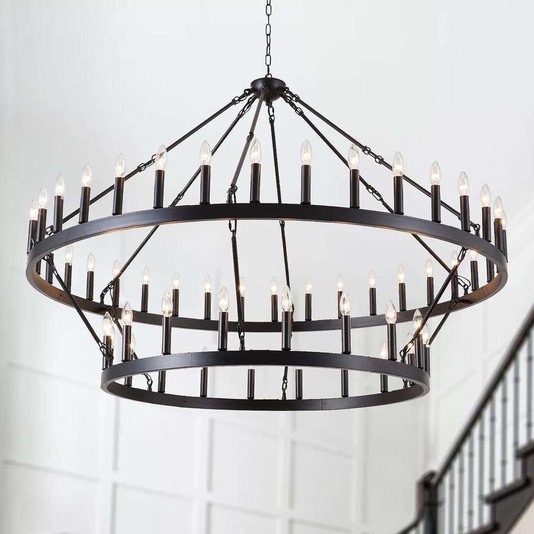 HHR Wagon Wheel Chandelier 2 Tier 54-Light, 60 Inch Large Farmhouse Chandelier, Round Rustic Pendant Light Fixture for High Ceilings Foyer Dining Room E12