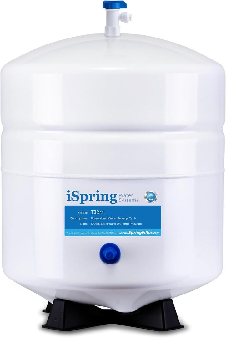 iSpring T32M Pressurized Water Storage Tank with Ball Valve for Reverse Osmosis RO Systems, 4 Gallon, 1/4" Tank Valve Included, White