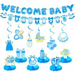 Baby Shower Decorations Pre-assembled Blue Boy Baby Shower Decorations Welcome Baby Banner Cute Bear Baby Shower Decor Supplies for Boy
