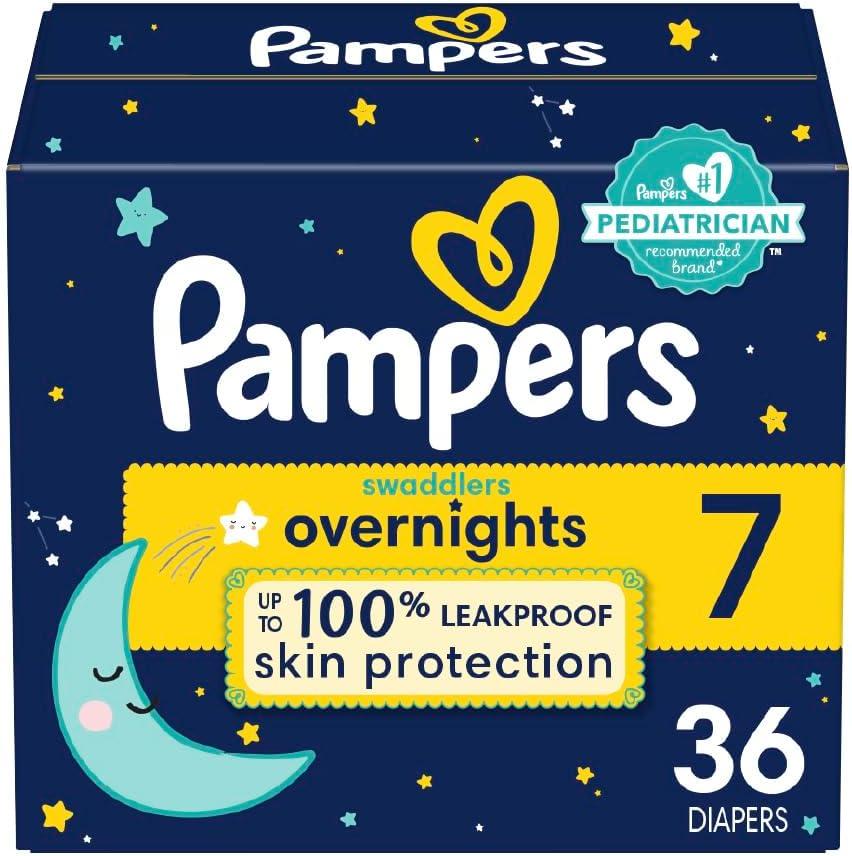 Pampers Swaddlers Overnights Diapers - Size 7, 36 Count, Disposable Baby Diapers, Night Time Skin Protection (White)