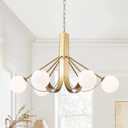 Gold Sputnik Light Fixture Modern Kitchen Chandelier Brassy Gold Bedroom Light Fixtures with Chain 33in Dining Table Light Fixture Mid-Century 6 Light Frosted Glass Chandelier for Living Room Entry
