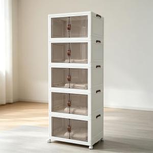 5‑Pack Foldable Stackable Storage Boxes, 356.6 QT Organizer Container with Magnetic Doors & Wheels for Home, Garage, Office (23.62" W x 14.02" D x 66.93" H)