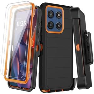 KECAI for Motorola Moto G Stylus 2025 Case with Belt Clip Holster,2X Screen Protector, Heavy Duty Shockproof Drop Protection Military Grade Rugged Full Body Phone Cover with Kickstand (Black Orange)
