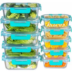 MFY 10-Pack Glass Storage Containers with Lids, Glass Meal Prep Containers Set, Airtight Lunch Containers with Lids, Microwave, Oven, Freezer and Dishwasher Safe, Green
