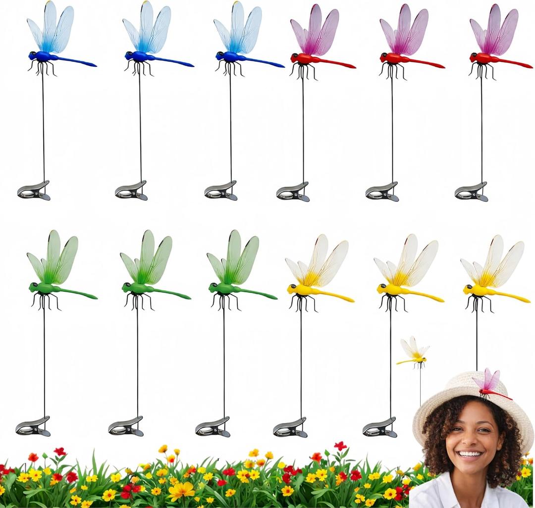 12PCS Long Stem Dragonfly Clips, Fake 3D Dragonfly Clip for Hats, Garden Stakes Decor Outdoor, Waterproof Yard Patio Plant Decorations, Realistic Bugs Repellent Accent