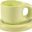 Koythin Ceramic Coffee Chubby Mug Saucer Set, Creative Cute Fat Handle Cup with Saucer for Office and Home, Dishwasher and Microwave Safe, 10 oz for Latte Tea Milk (Light Yellow)