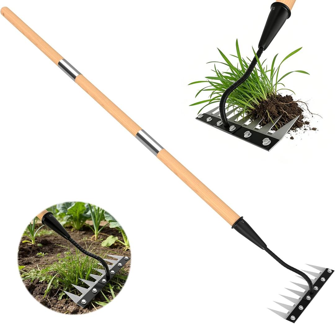 Iron Weeding Rake with Wooden Long Handle 2.0, 8 Teeth Weed Puller Tool Heavy Duty, Manual Gardenia Weed Rake Tool for Yard, Lawn and Garden, 56Inch
