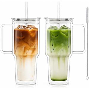 KEMORELA 2 Pack 28oz Double Wall Glass Tumblers with Handle, Lids & Straws Large Insulated Clear Glass Coffee Cups for Iced Coffee, Matcha, Smoothies, Bubble Tea & Cold Drinks