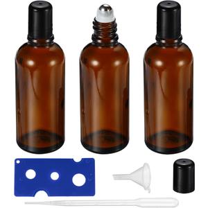 100ML Roller Bottles for Essential Oil, 4 Pack Empty Amber Glass Roller Bottle for Perfume Oil, Roll on Bottles with Stainless Steel Roller Balls, Opener, Funnel and Dropper for Aromatherapy, Massage