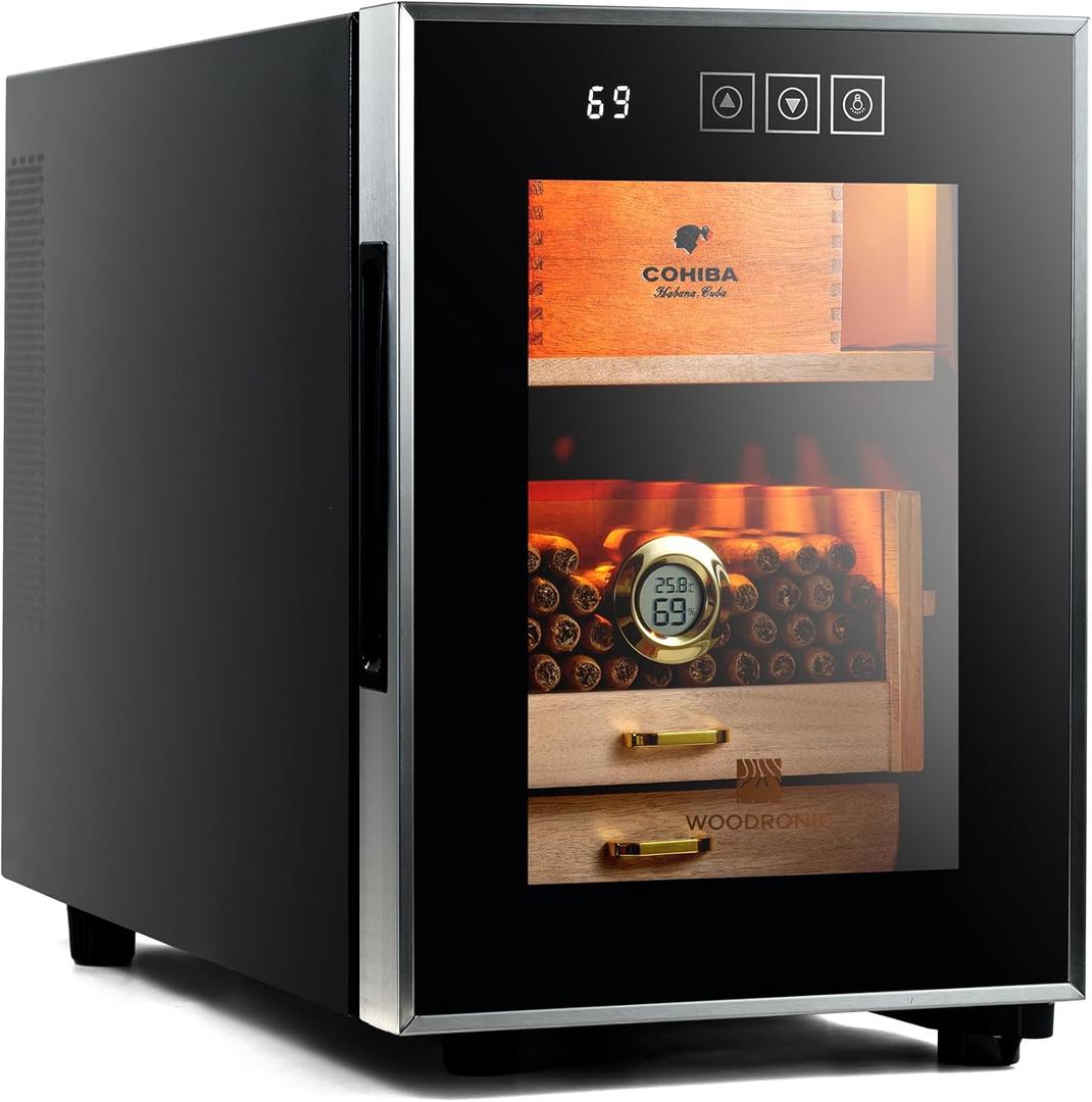 Woodronic Electric Cigar Humidor for 150 Cigars, 16L Humidor Cabinet with Temperature Control, Spanish Cedar Lined Shelf & Accessory Drawer, Digital Hygrometer & Crystal Gel Humidifier, Gift for Men (Stainless - Black)