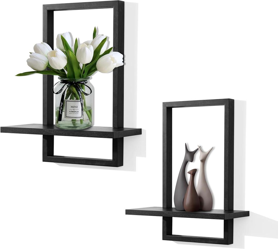 PHOENANCEE Square Floating Shelves, Plants Shelf Black, Framed Wall Plants Holder Decorative Modern Chic Wall Decor Set of 2 for Living Room Bedroom Bathroom Home Office, Solid Wood, L+S