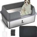 Suhaco Small Stainless Steel Litter Box Side Entry High Walls Deep Kitty Litter Boxes with High Side Removable Lid, Litter Mat and Scoop Included for Medium Cats (Grey)