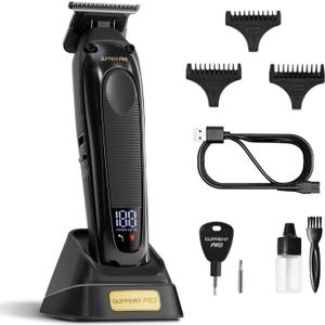 Professional Hair Trimmer - High Torque Brushless Motor & Detachable Blade - Cordless Beard Trimmer for Barbers with Charging Base - Premium Finishing T- Blade Trimmer (Black