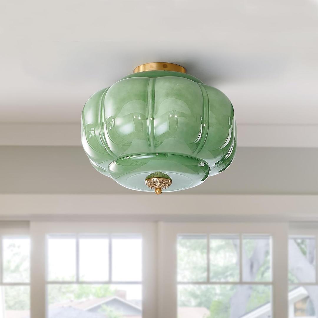 15 Inch Milk Glass Pendant Light, Vintage Light Fixture with 3CCT LED Bulbs | Brass Semi Flush Mount Ceiling Light,Farmhouse Style for Kitchen,Hallway,Bedroom,Dining Room