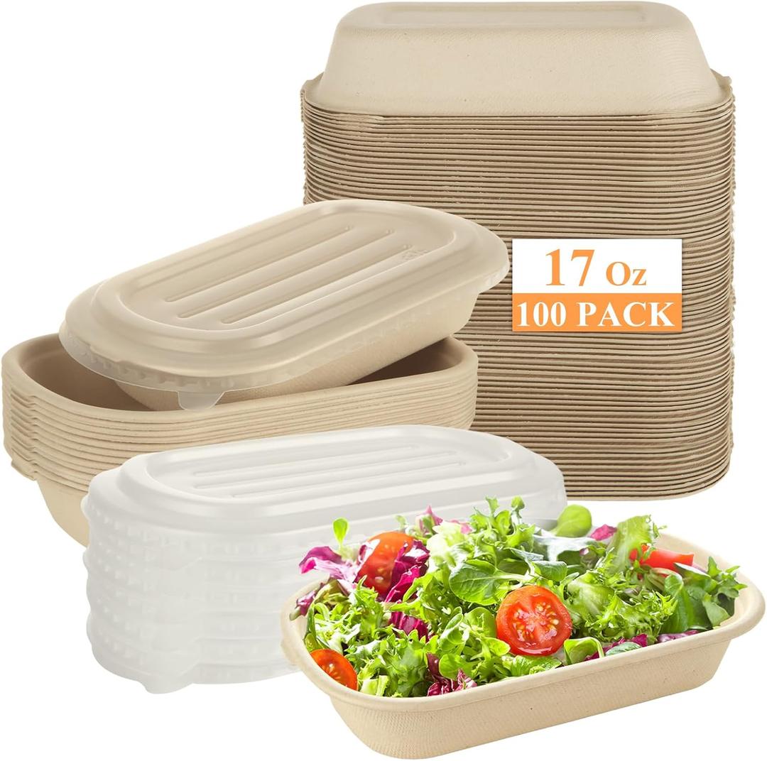 CYEAH 100 Pack Paper Bowls with Lids, 17 oz Meal Prep Containers Disposable, Kraft Paper Salad Bowl with Lid, Oil-Proof Soup Containers, Deli Food Containers Bowls for Salad Pasta, Burrito, Leftovers