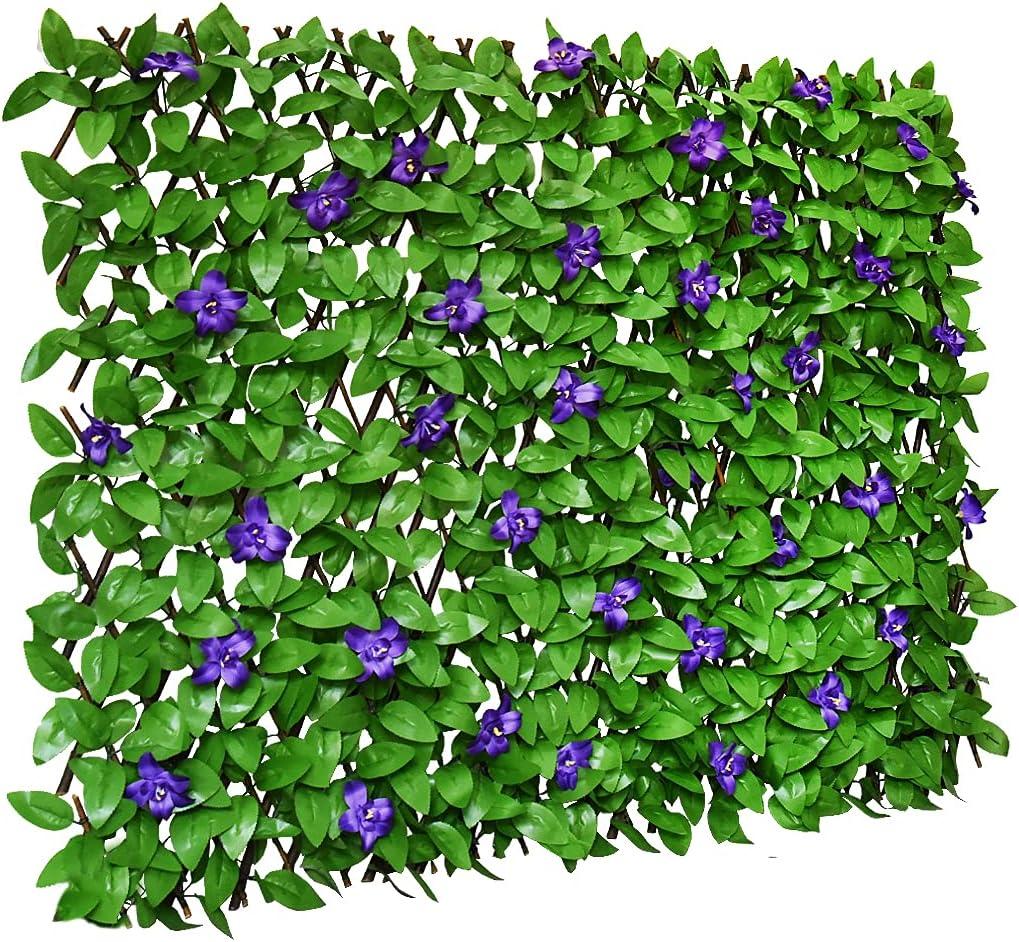 Sumery Expandable Fence Privacy Screen for Balcony Patio Outdoor,Decorative Faux Ivy Fencing Panel,Artificial Hedges (Single Sided Leaves) (4, Purple Flowers)