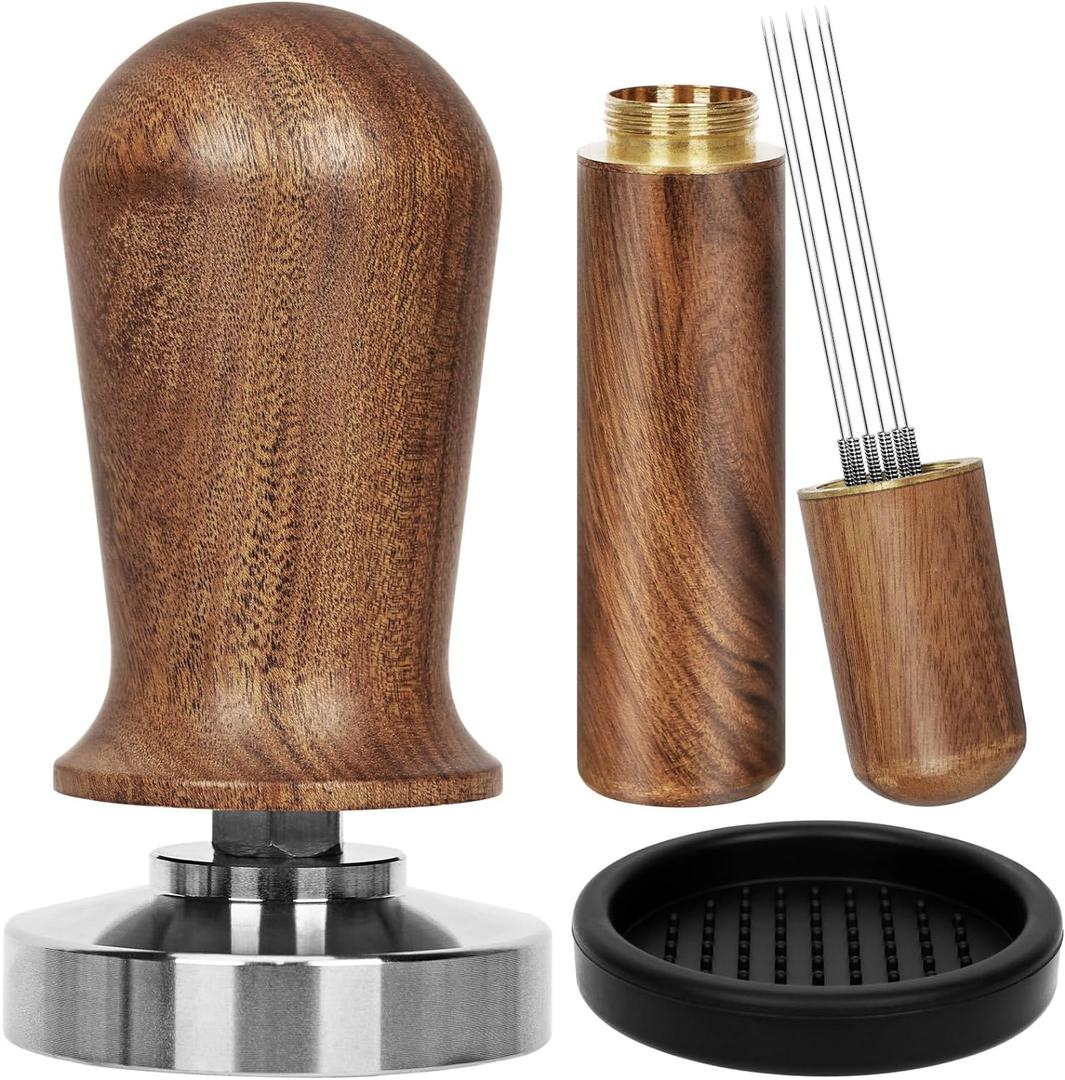 Y-Step 51mm Espresso Tamper Set, 30 lb Consistent Pressure Calibrated Coffee Tamper with Spring Loaded, Silicone Mat, Coffee Stirrer Espresso Distribution Tool, Wooden Barista Kit for Espresso Machine (Brown)