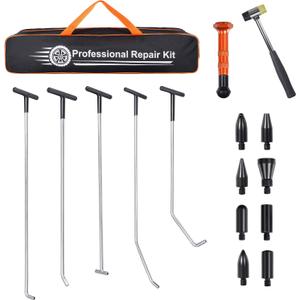 Dent Repair Rods 16PCS Dent Removal Kit, Stainless Steel Dent Removal Rods with Rubber Hammer and 9 Replaceable Taper Head for Car Dent Repair