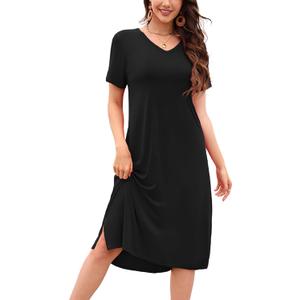 VOBCTY Women's Casual Short Sleeve Tshirt Dress Summer Side Split Loose V Neck Dresses (Medium, 00-black)