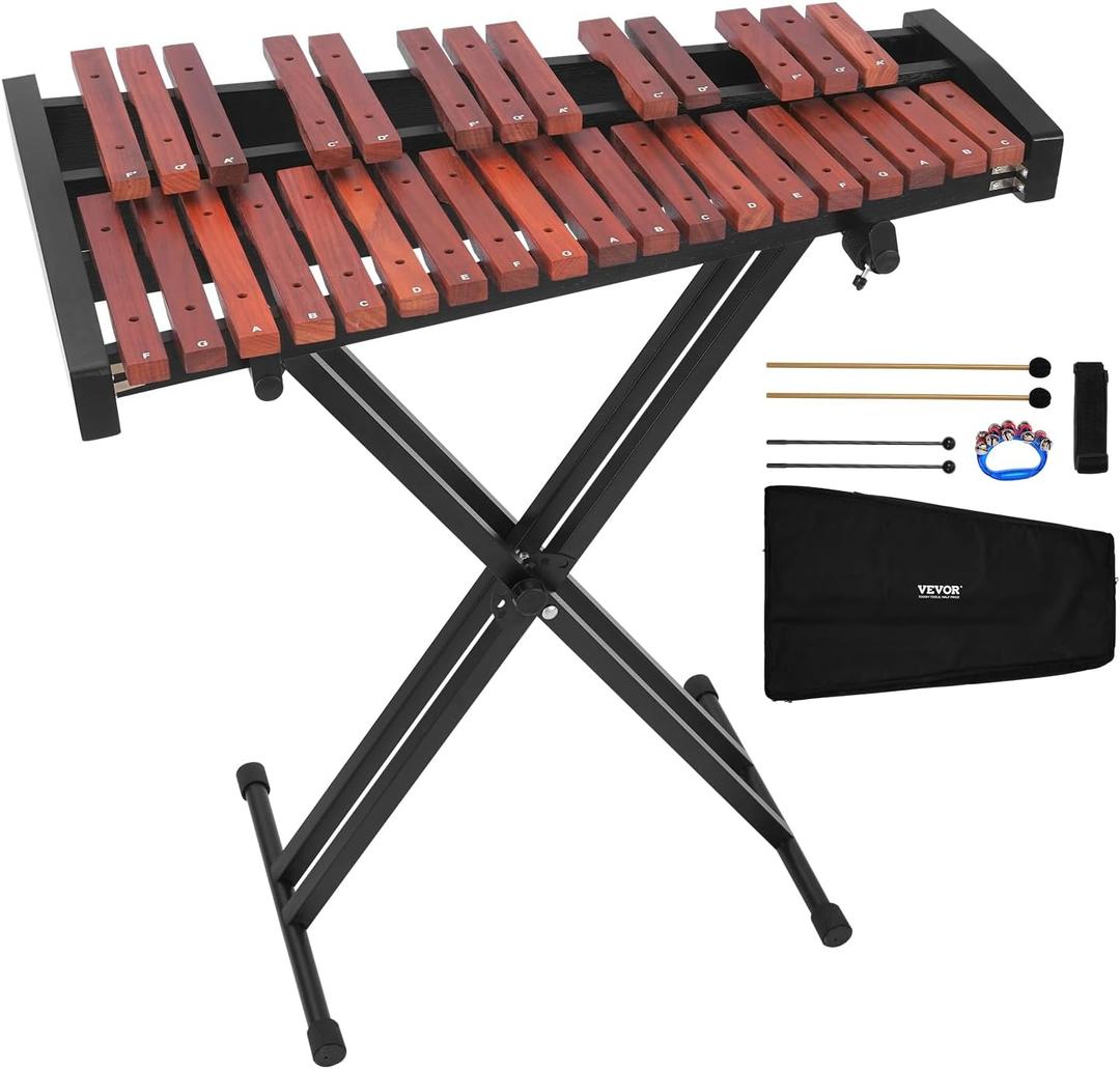 VEVOR Glockenspiel Xylophone, 32 Notes, Wooden Professional Xylophone Percussion Instrument, with Height Adjustable Stand, 4 Mallets, Carrying Bag, Beginner Musical Instrument Kit for Adults and Kids (Brown)