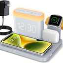 ANJANK Wireless Charging Station with Alarm Clock & Night Light,Magnetic 5 in 1 Charger Stand for Multiple-Device,Charging Dock for iPhone 17 16 15 14 13 12 Pro Max Plus,Apple Watch,Airpods,Nightstand (Grey)