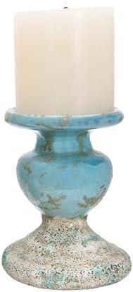 Creative Co-Op Large Distressed Blue Terracotta Pillar Candle Holder