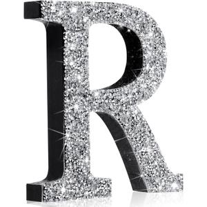 Qunclay Silver Crystal Diamond Bling Letters Crushed Diamond Decorations Glitter Letters with Screws and Hooks Rhinestone Gifts for Wedding Birthday Wall Bedroom Bathroom Decor(Letter R,12l" X 12"w)