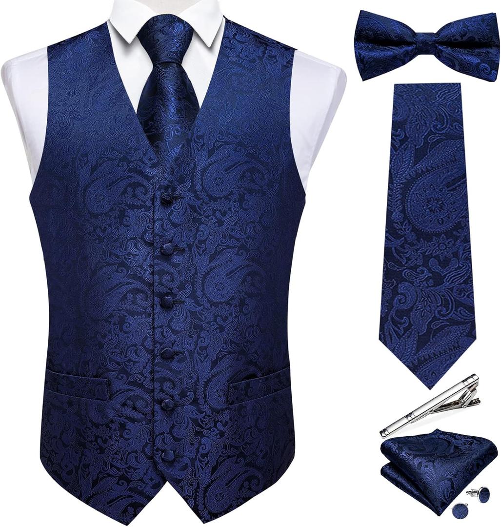 DiBanGu Men's Silk Paisley Vest and Necktie Set 6PCS Pre-tied Bow Tie Formal Waistcoat for Wedding Party (Large, Blue)