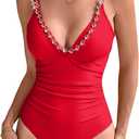 RIHOAS Women's One Piece Swimsuit, Gold Rhinestone Necklace, Postpartum Tummy Control Ruched Deep V Neck Bathing Suit (Red, M)