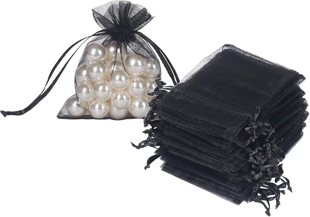 HRX Package Black Organza Bags 3x4 inch 100pcs, Mesh Candy Bags Jewelry Gift Pouches Drawstring Empty Sachet for Halloween Present Giveaways