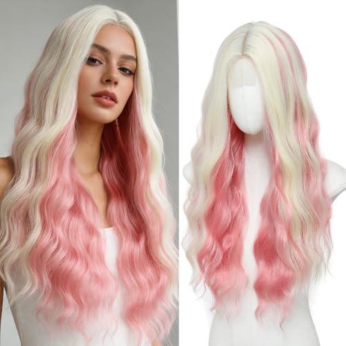 YBYMCAI Blonde and Pink Wig Long Wavy Wigs for Women Middle Part 26 inch Natural Curly Synthetic Wig Heat Resistant Fiber Wigs for Daily Party Use